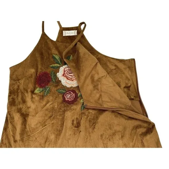 Altar’d State Suede Floral Brown Embroidered Racerback Slip Dress Women’s Small - Picture 9 of 13